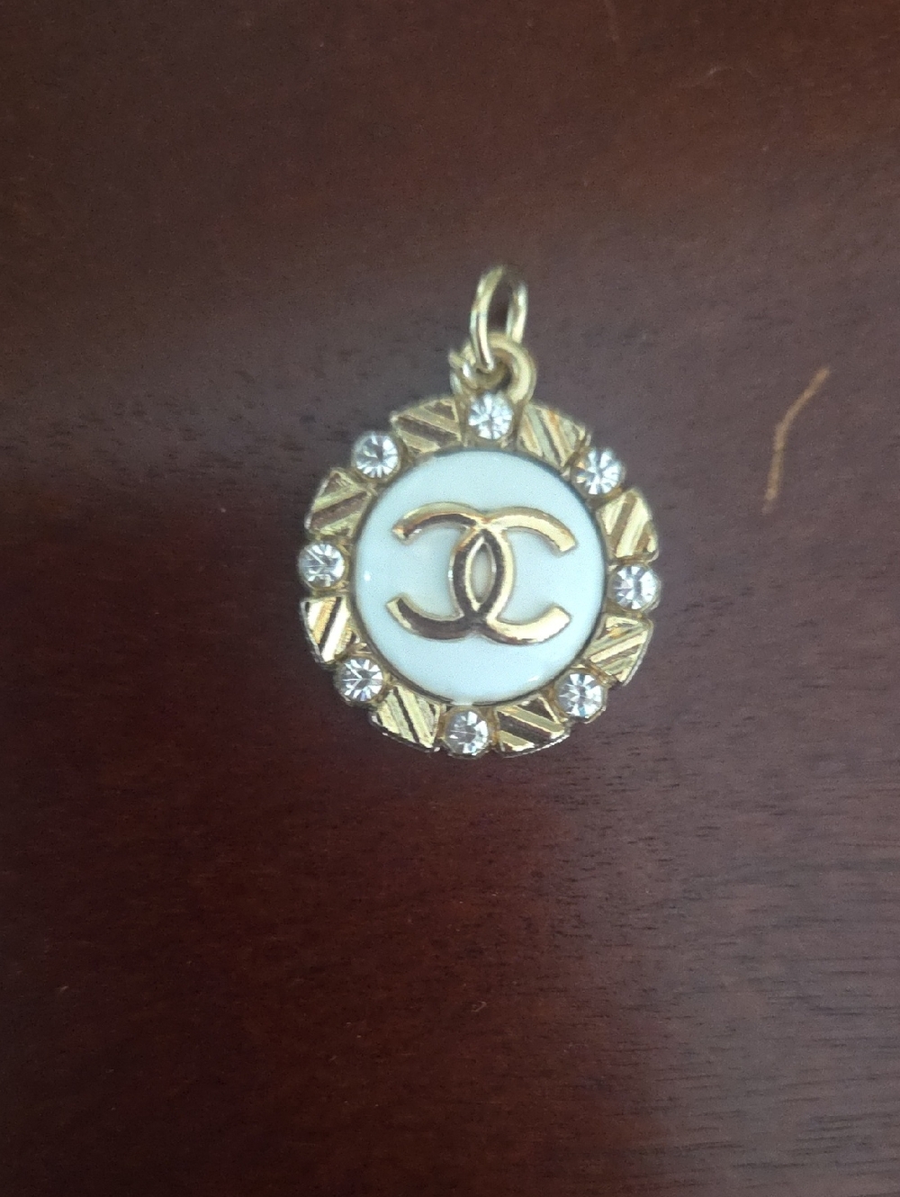 Stamped Gold Tone & White CC Round Pendant with Crystal Accents